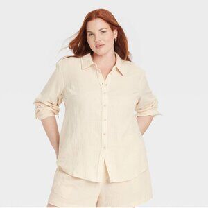 Gauze Long Sleeve Collared Button-Down- Universal Thread Cream Cotton Blend